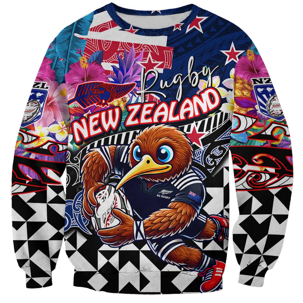 Personalized Kiwi New Zealand Rugby Sweatshirt Kiwis Mascot Tropical Pattern