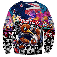 Personalized Kiwi New Zealand Rugby Sweatshirt Kiwis Mascot Tropical Pattern