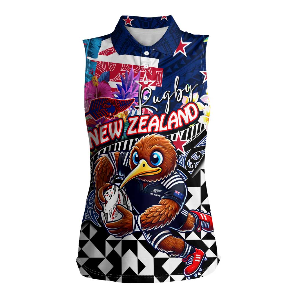 Personalized Kiwi New Zealand Rugby Women Sleeveless Polo Shirt Kiwis Mascot Tropical Pattern