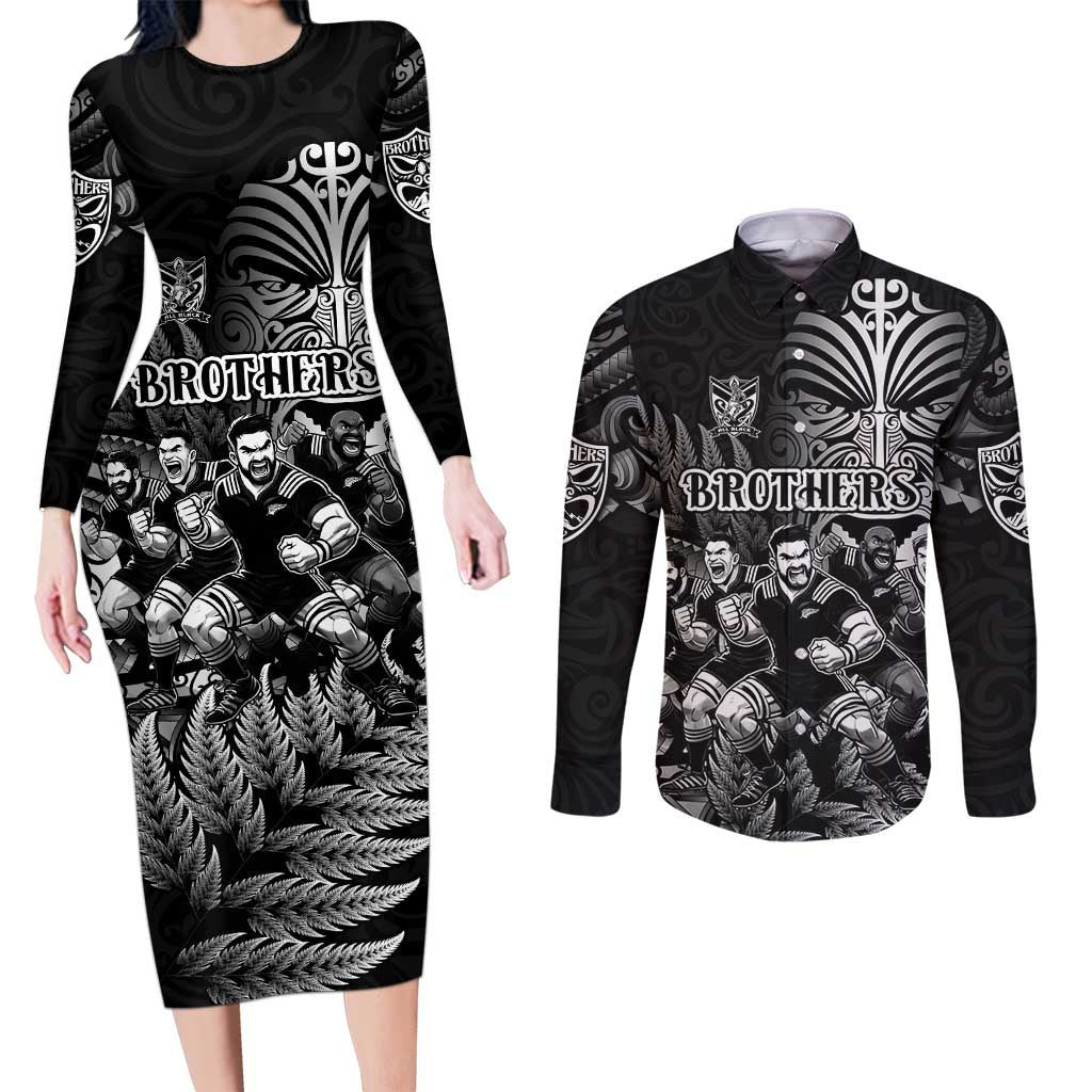 Personalized All Black Brothers Rugby Couples Matching Long Sleeve Bodycon Dress and Long Sleeve Button Shirt New Zealand Maori Haka