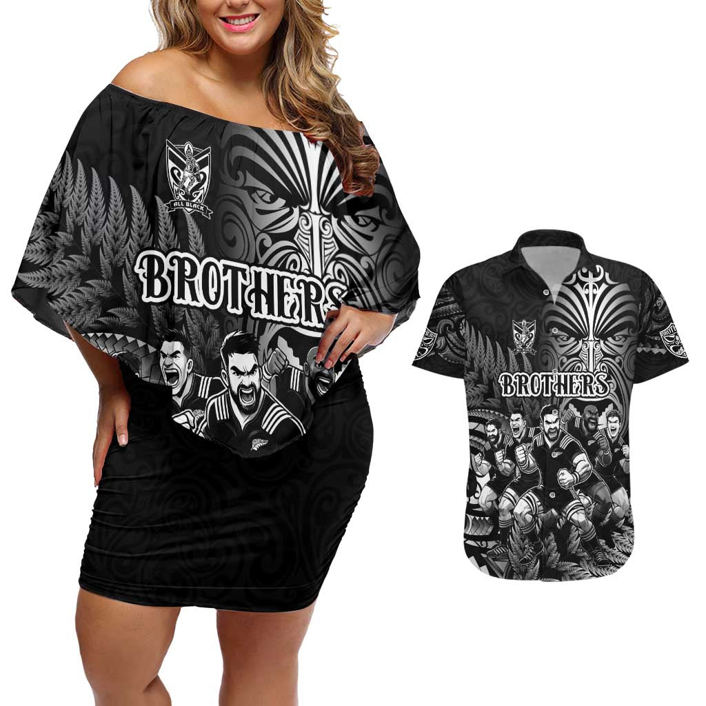 Personalized All Black Brothers Rugby Couples Matching Off Shoulder Short Dress and Hawaiian Shirt New Zealand Maori Haka