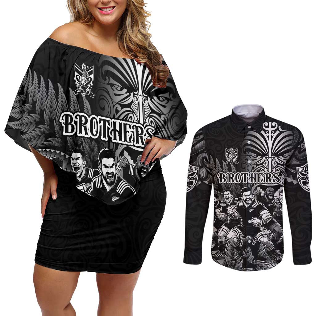 Personalized All Black Brothers Rugby Couples Matching Off Shoulder Short Dress and Long Sleeve Button Shirt New Zealand Maori Haka