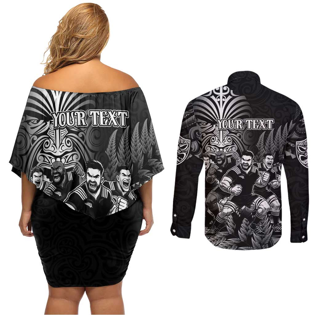 Personalized All Black Brothers Rugby Couples Matching Off Shoulder Short Dress and Long Sleeve Button Shirt New Zealand Maori Haka