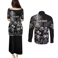 Personalized All Black Brothers Rugby Couples Matching Puletasi and Long Sleeve Button Shirt New Zealand Maori Haka