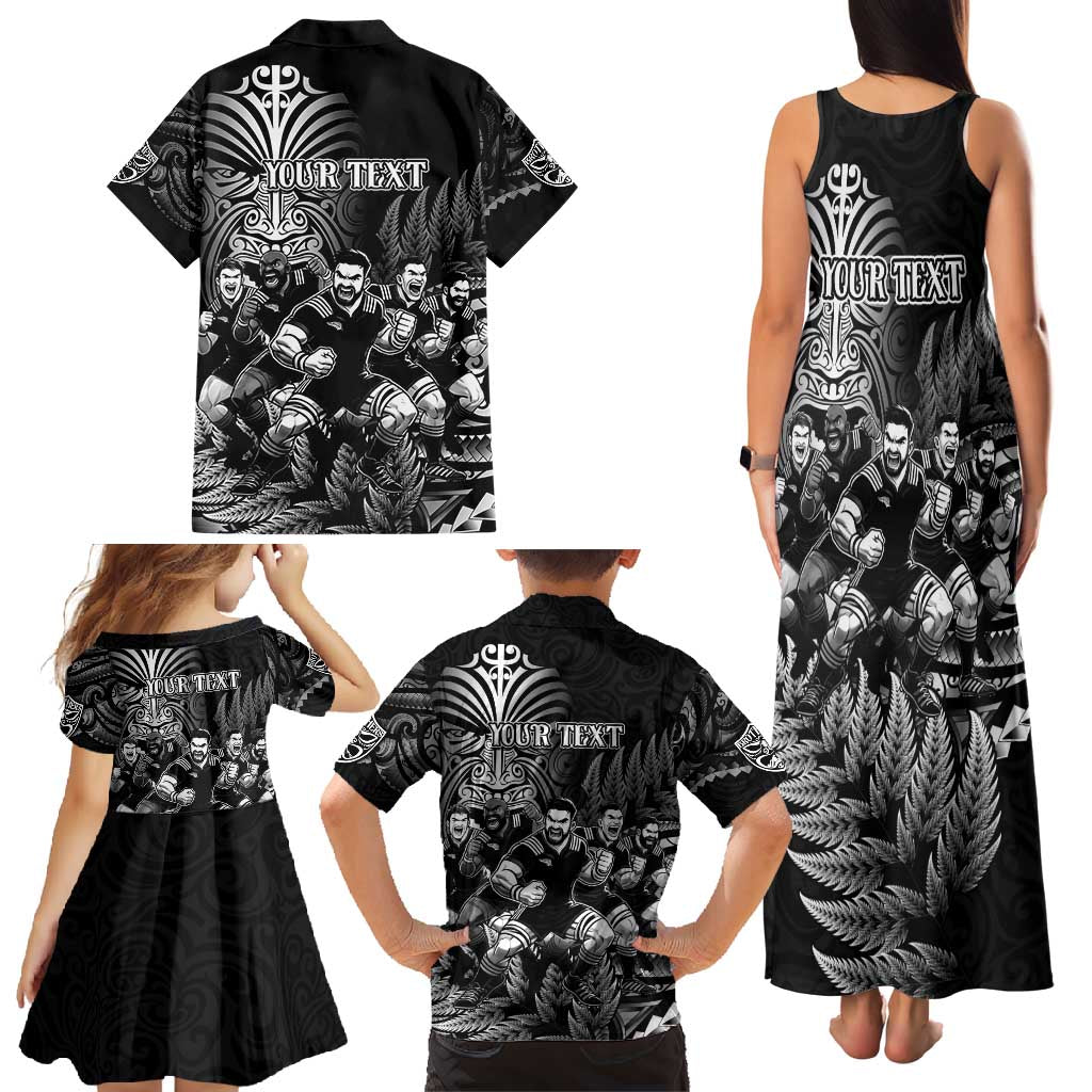 Personalized All Black Brothers Rugby Family Matching Tank Maxi Dress and Hawaiian Shirt New Zealand Maori Haka