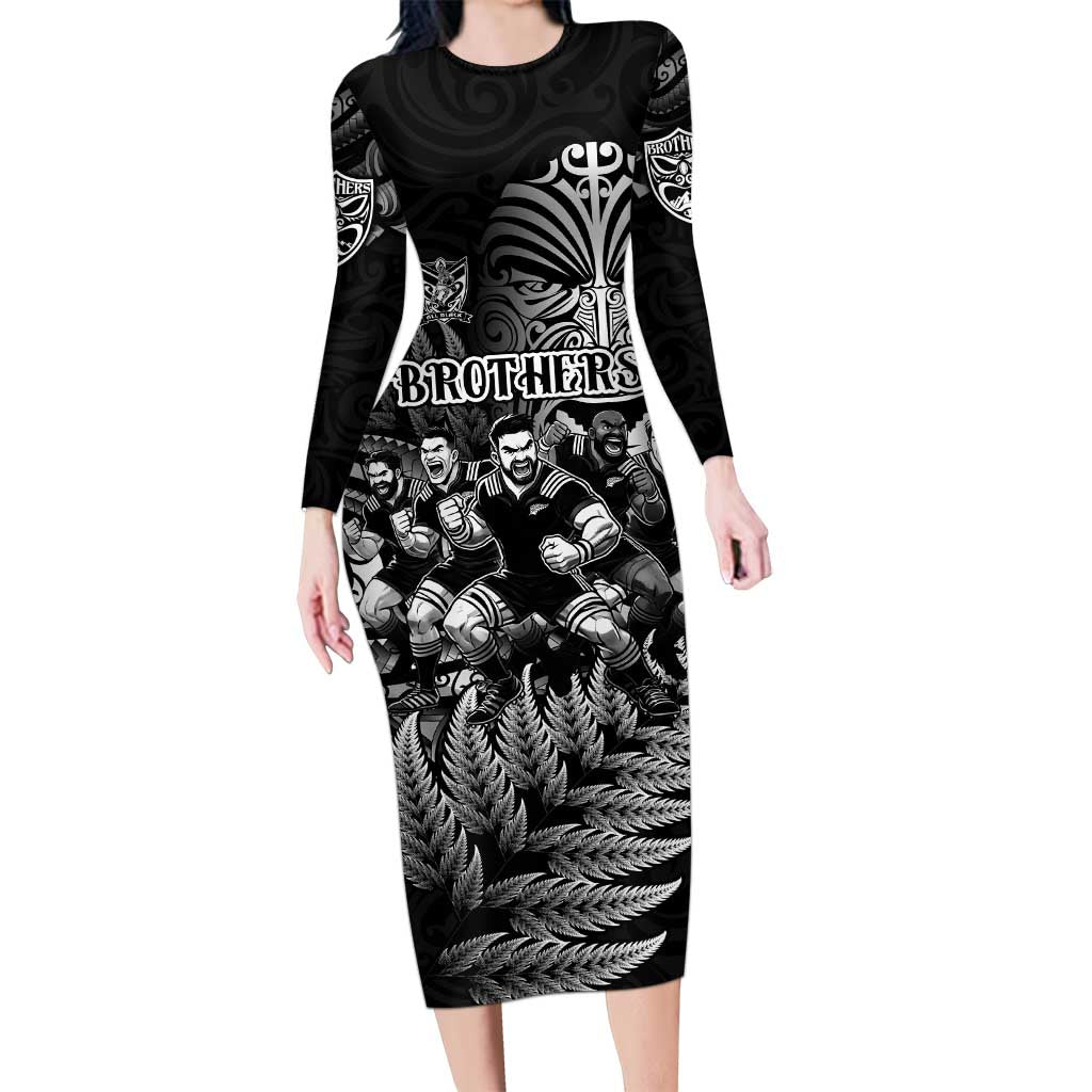 Personalized All Black Brothers Rugby Long Sleeve Bodycon Dress New Zealand Maori Haka