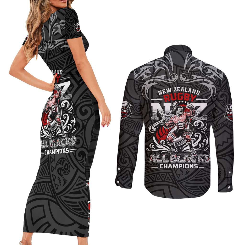 All Black NZL Rugby Champions Couples Matching Short Sleeve Bodycon Dress and Long Sleeve Button Shirt Maori Warrior