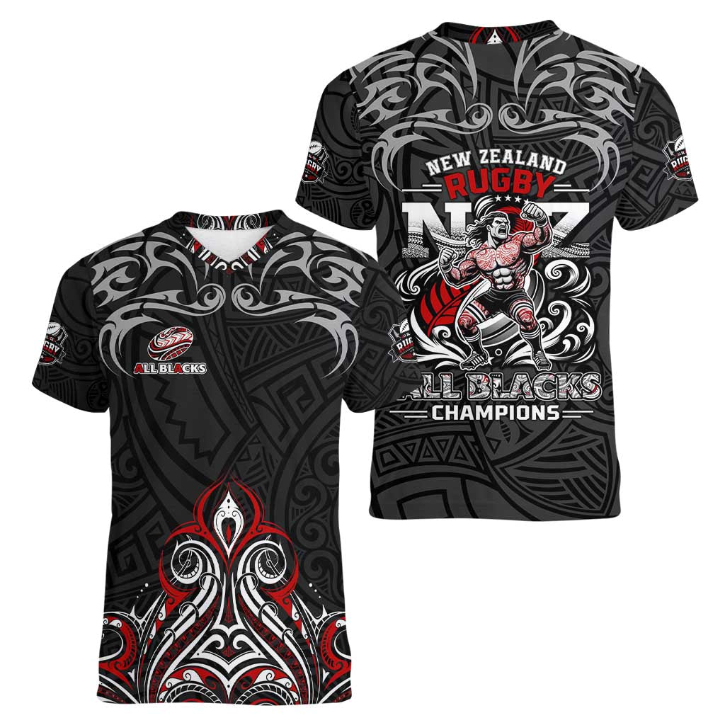 All Black NZL Rugby Champions Women V-Neck T-Shirt Maori Warrior