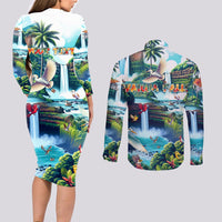 Wailua Falls Hawaii Couples Matching Long Sleeve Bodycon Dress and Long Sleeve Button Shirt Kauai Natural Beauty