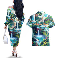 Wailua Falls Hawaii Couples Matching Off The Shoulder Long Sleeve Dress and Hawaiian Shirt Kauai Natural Beauty