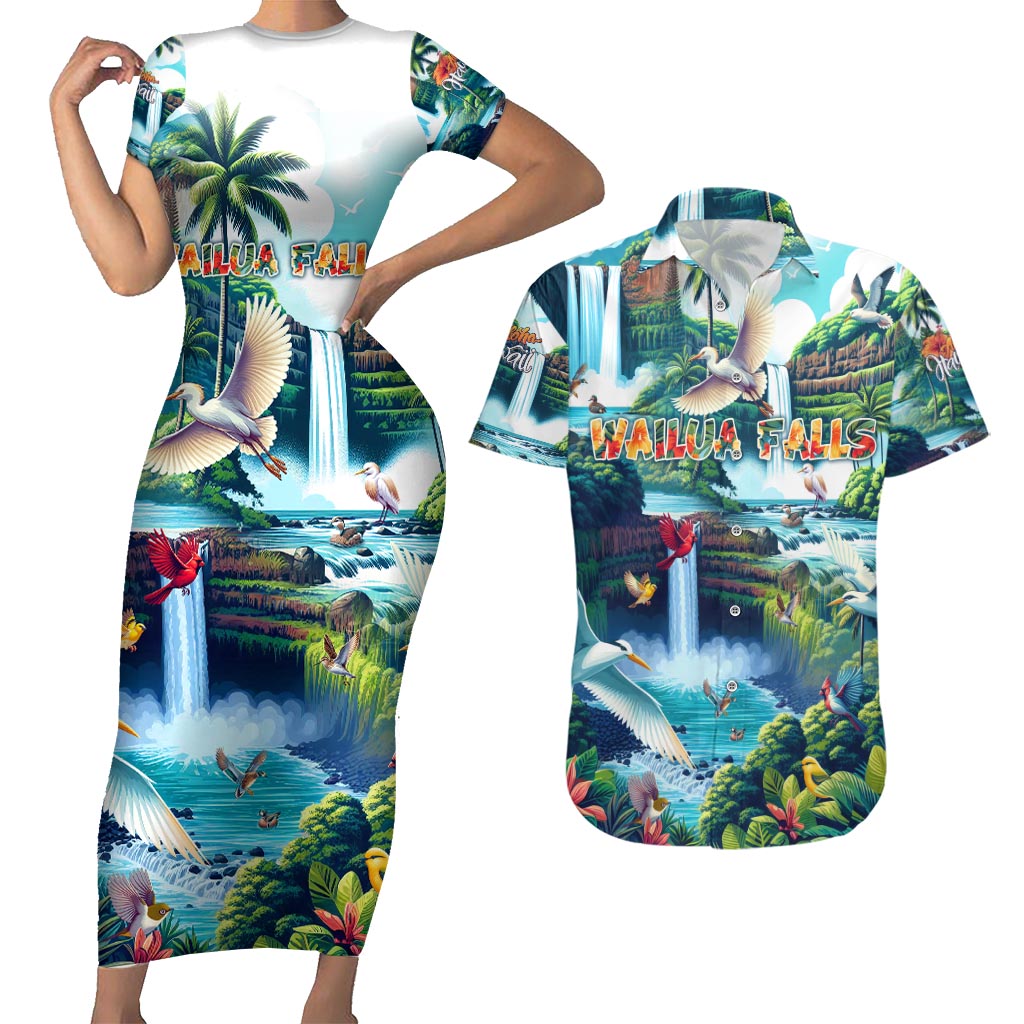 Wailua Falls Hawaii Couples Matching Short Sleeve Bodycon Dress and Hawaiian Shirt Kauai Natural Beauty