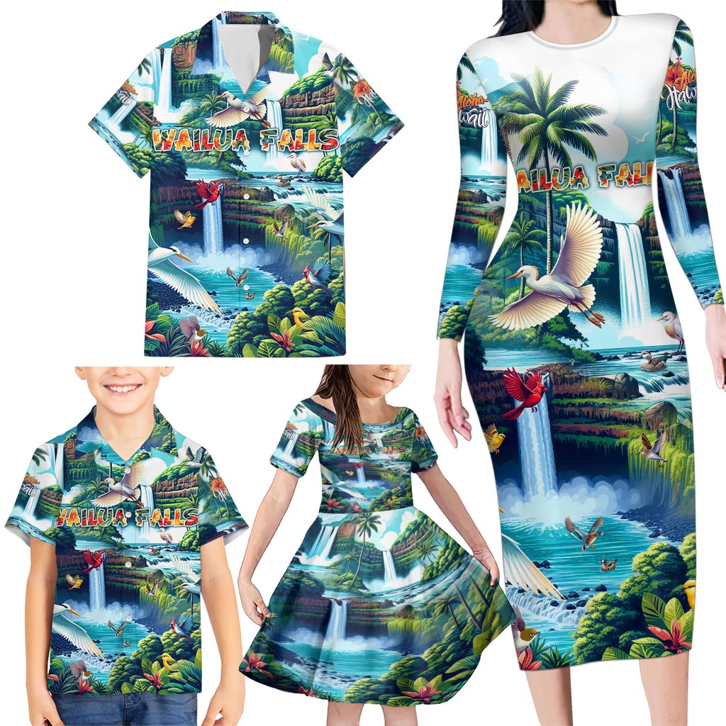 Wailua Falls Hawaii Family Matching Long Sleeve Bodycon Dress and Hawaiian Shirt Kauai Natural Beauty DT02 - Polynesian Pride