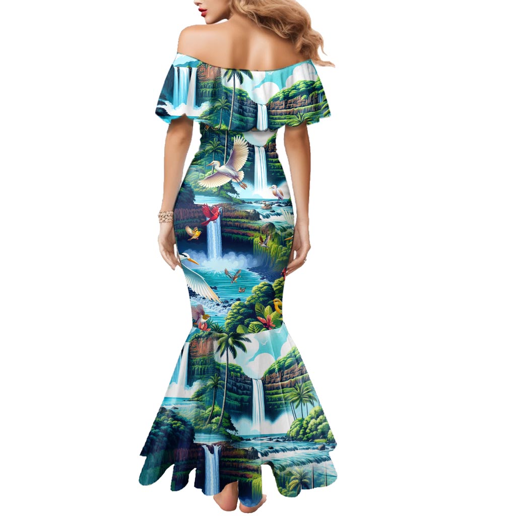 Wailua Falls Hawaii Family Matching Mermaid Dress and Hawaiian Shirt Kauai Natural Beauty