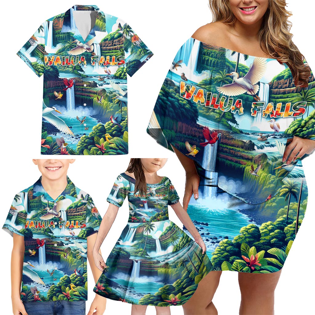 Wailua Falls Hawaii Family Matching Off Shoulder Short Dress and Hawaiian Shirt Kauai Natural Beauty DT02 - Polynesian Pride