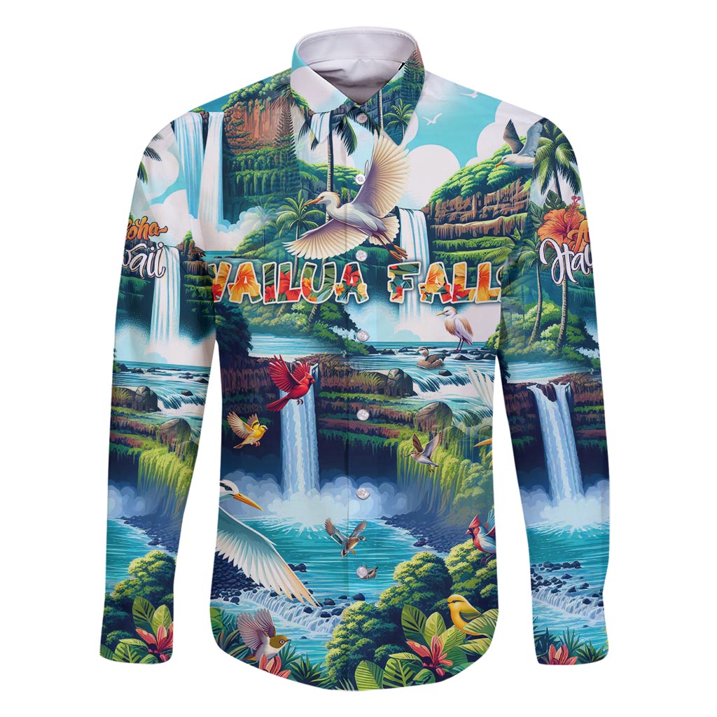 Wailua Falls Hawaii Family Matching Off Shoulder Short Dress and Hawaiian Shirt Kauai Natural Beauty DT02 Dad's Shirt - Long Sleeve Art - Polynesian Pride