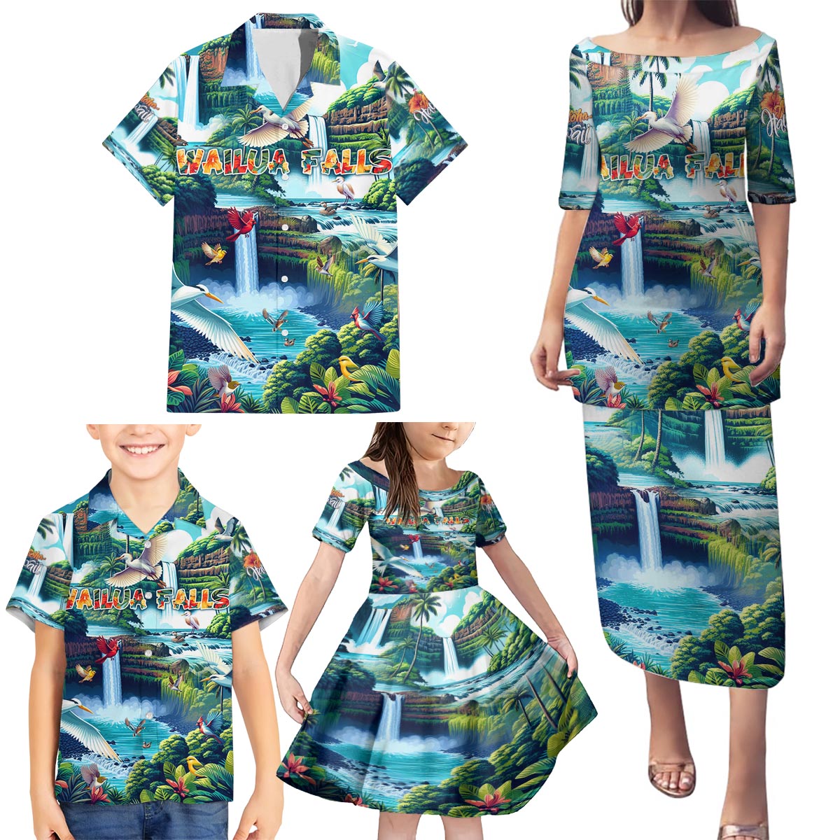 Wailua Falls Hawaii Family Matching Puletasi and Hawaiian Shirt Kauai Natural Beauty