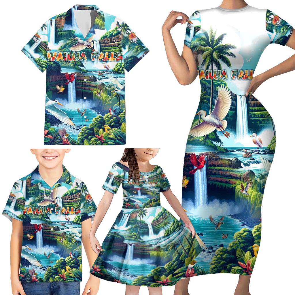 Wailua Falls Hawaii Family Matching Short Sleeve Bodycon Dress and Hawaiian Shirt Kauai Natural Beauty