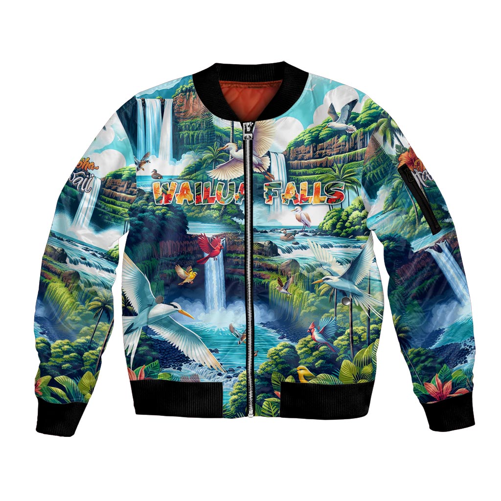 Wailua Falls Hawaii Sleeve Zip Bomber Jacket Kauai Natural Beauty DT02 Unisex Art - Polynesian Pride