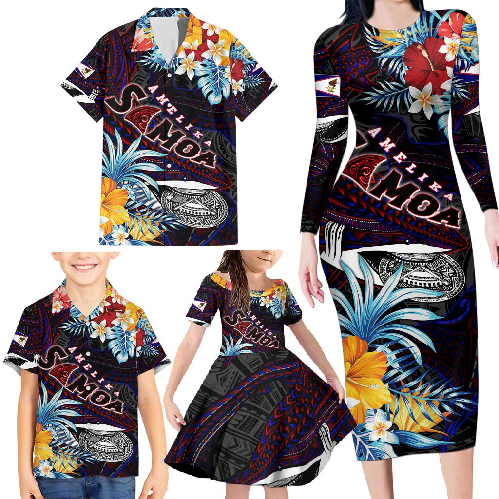 Personalized Amelika Samoa Sharks Polynesia Family Matching Long Sleeve Bodycon Dress and Hawaiian Shirt American Samoa