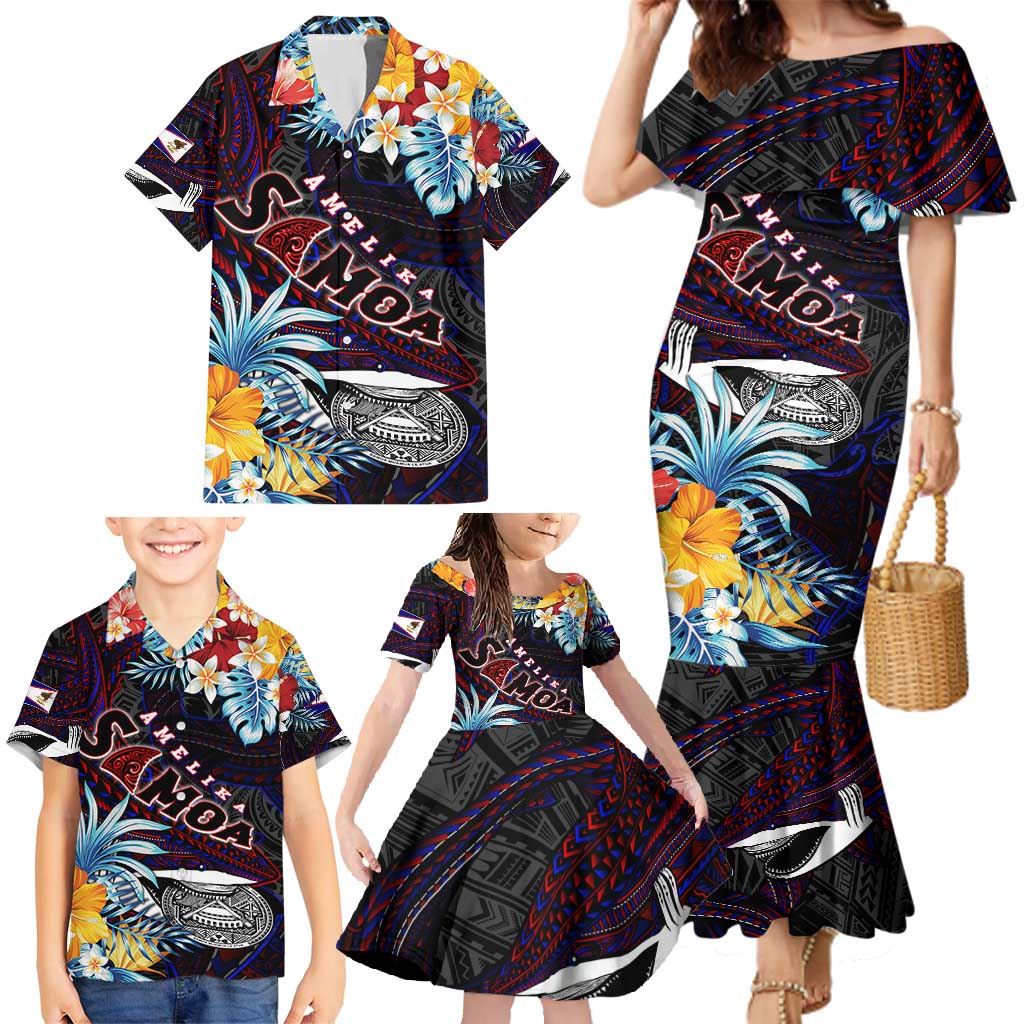 Personalized Amelika Samoa Sharks Polynesia Family Matching Mermaid Dress and Hawaiian Shirt American Samoa