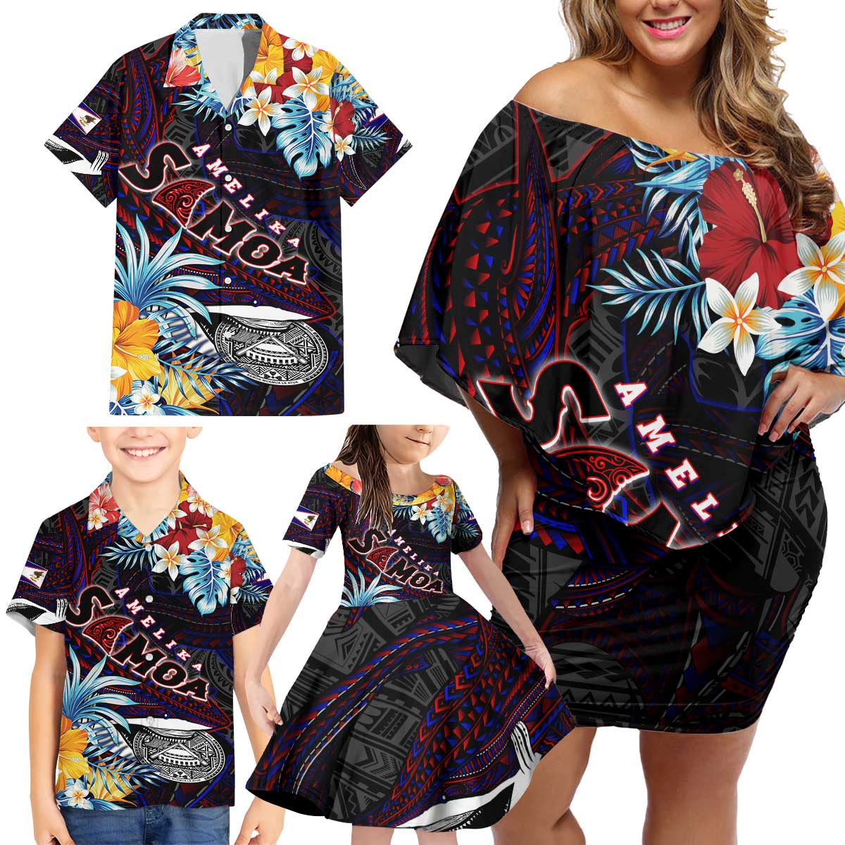 Personalized Amelika Samoa Sharks Polynesia Family Matching Off Shoulder Short Dress and Hawaiian Shirt American Samoa