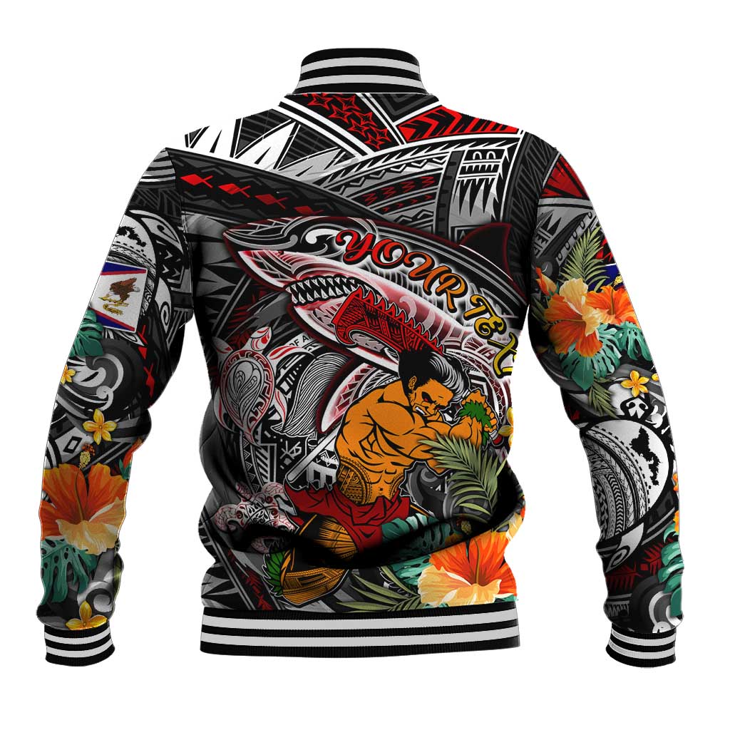 Personalized American Samoa Warrior Baseball Jacket Shark Turtle Polynesian Tattoo