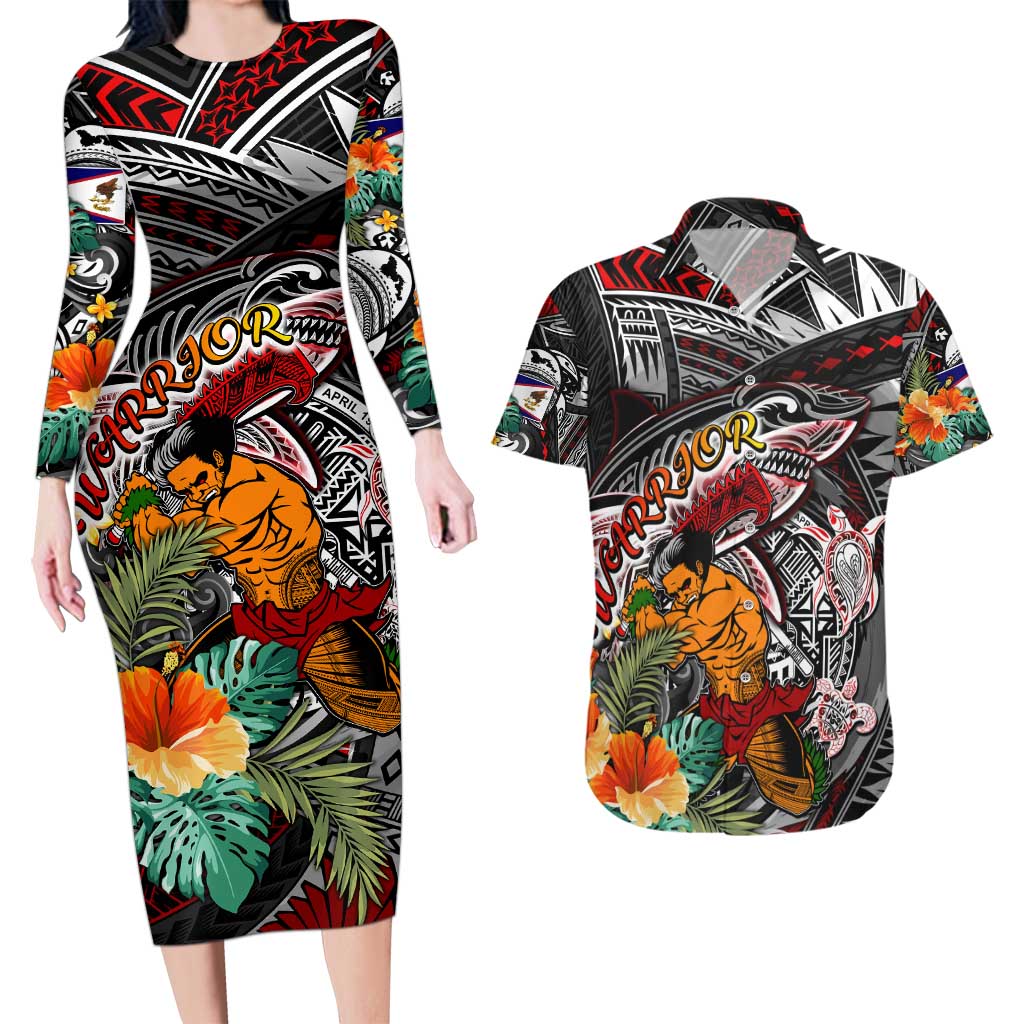 Personalized American Samoa Warrior Couples Matching Long Sleeve Bodycon Dress and Hawaiian Shirt Shark Turtle Polynesian Tattoo