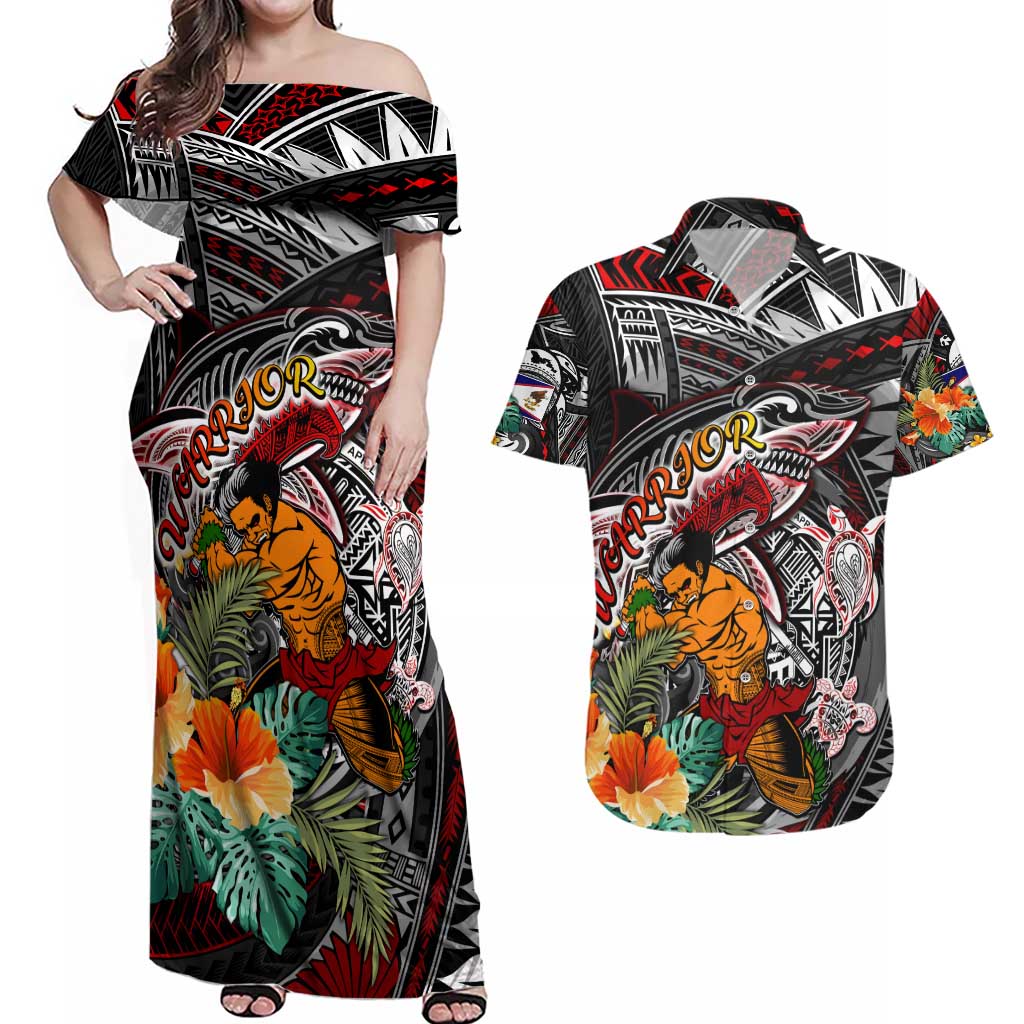 Personalized American Samoa Warrior Couples Matching Off Shoulder Maxi Dress and Hawaiian Shirt Shark Turtle Polynesian Tattoo