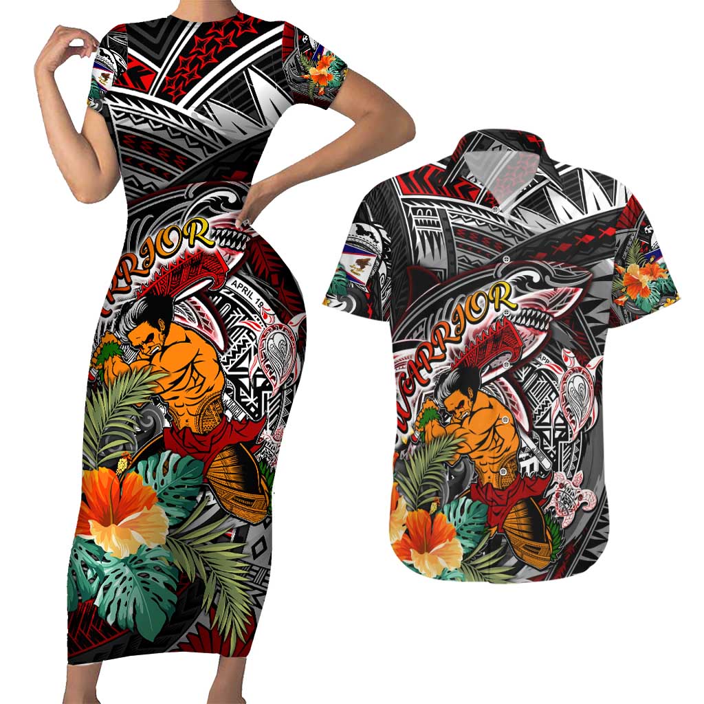 Personalized American Samoa Warrior Couples Matching Short Sleeve Bodycon Dress and Hawaiian Shirt Shark Turtle Polynesian Tattoo