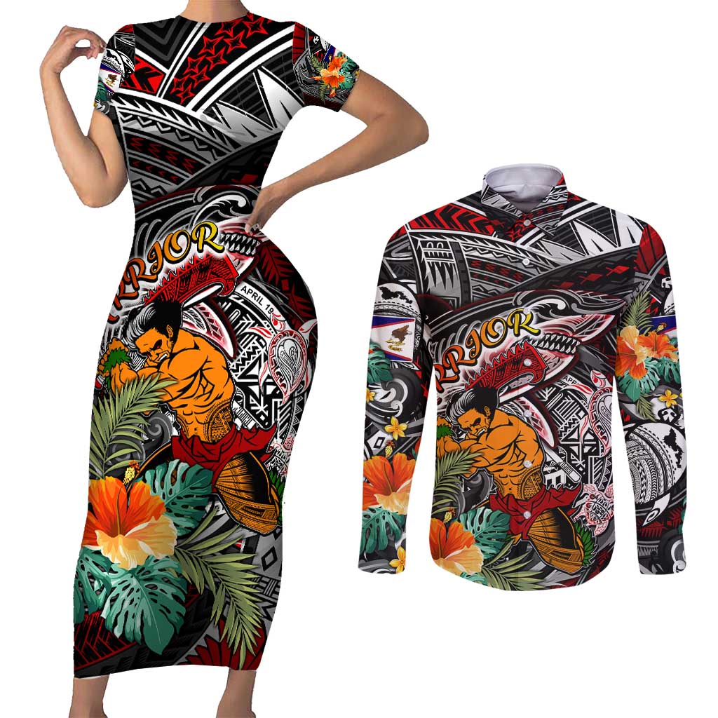 Personalized American Samoa Warrior Couples Matching Short Sleeve Bodycon Dress and Long Sleeve Button Shirt Shark Turtle Polynesian Tattoo