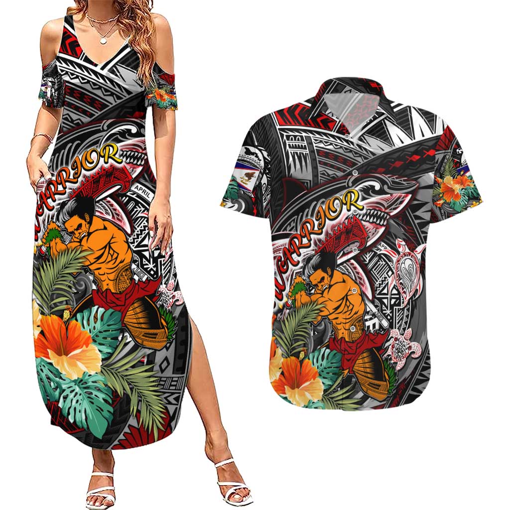 Personalized American Samoa Warrior Couples Matching Summer Maxi Dress and Hawaiian Shirt Shark Turtle Polynesian Tattoo