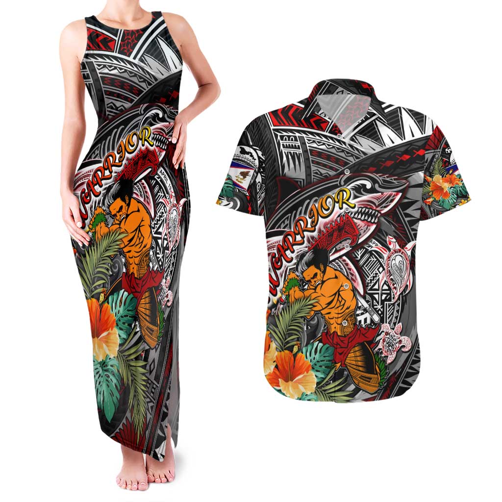 Personalized American Samoa Warrior Couples Matching Tank Maxi Dress and Hawaiian Shirt Shark Turtle Polynesian Tattoo