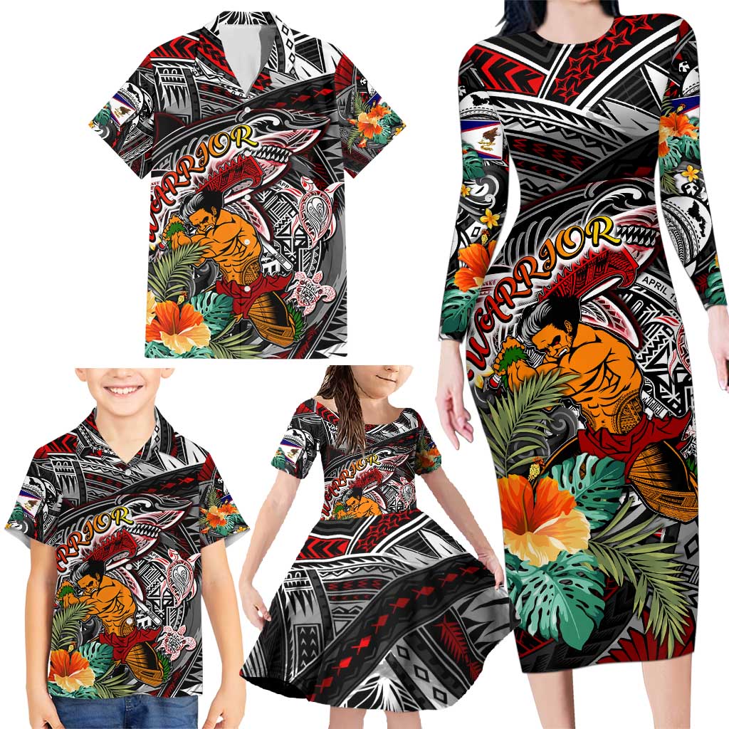 Personalized American Samoa Warrior Family Matching Long Sleeve Bodycon Dress and Hawaiian Shirt Shark Turtle Polynesian Tattoo