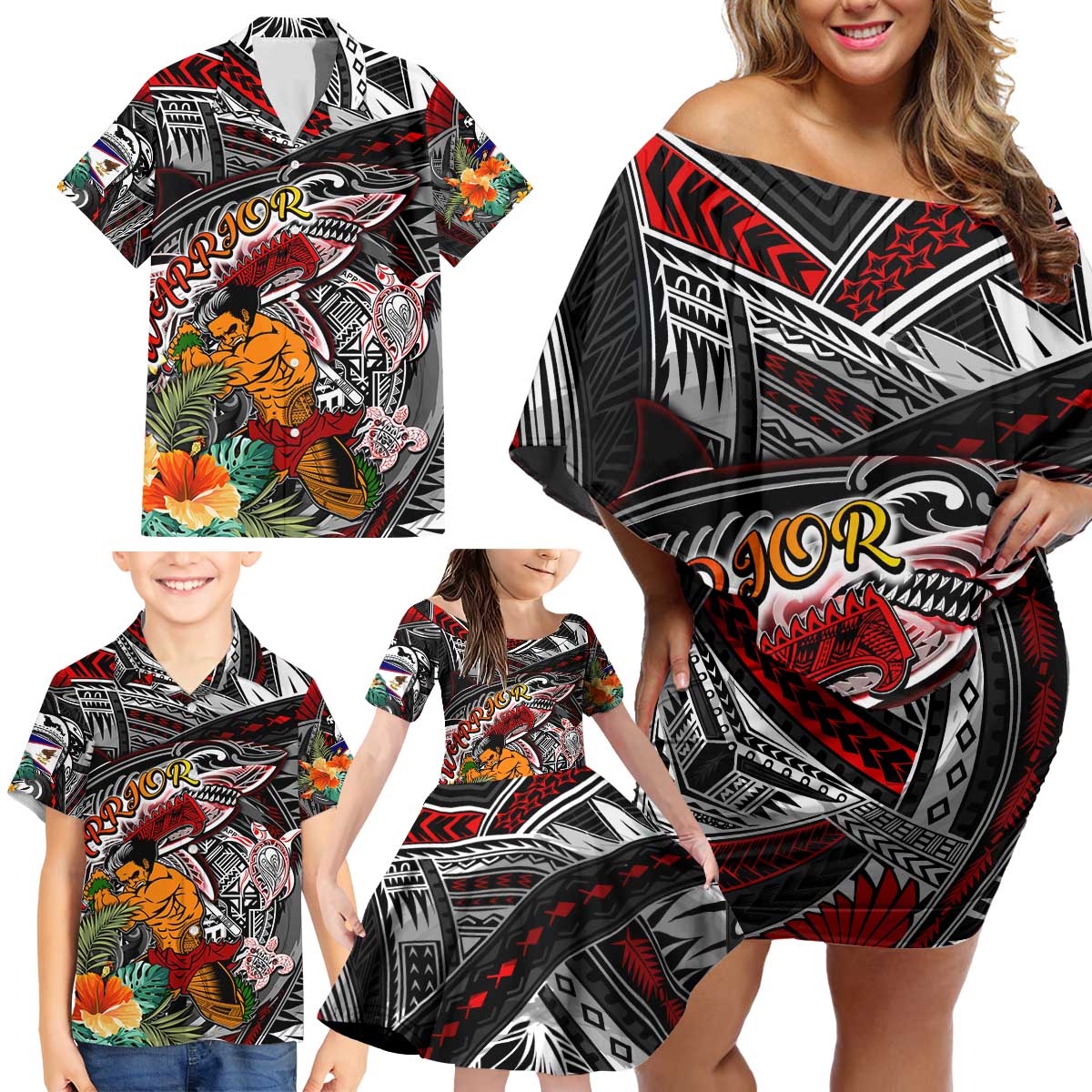 Personalized American Samoa Warrior Family Matching Off Shoulder Short Dress and Hawaiian Shirt Shark Turtle Polynesian Tattoo