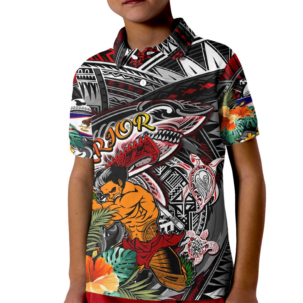 Personalized American Samoa Warrior Kid Polo Shirt Shark Turtle Polynesian Tattoo