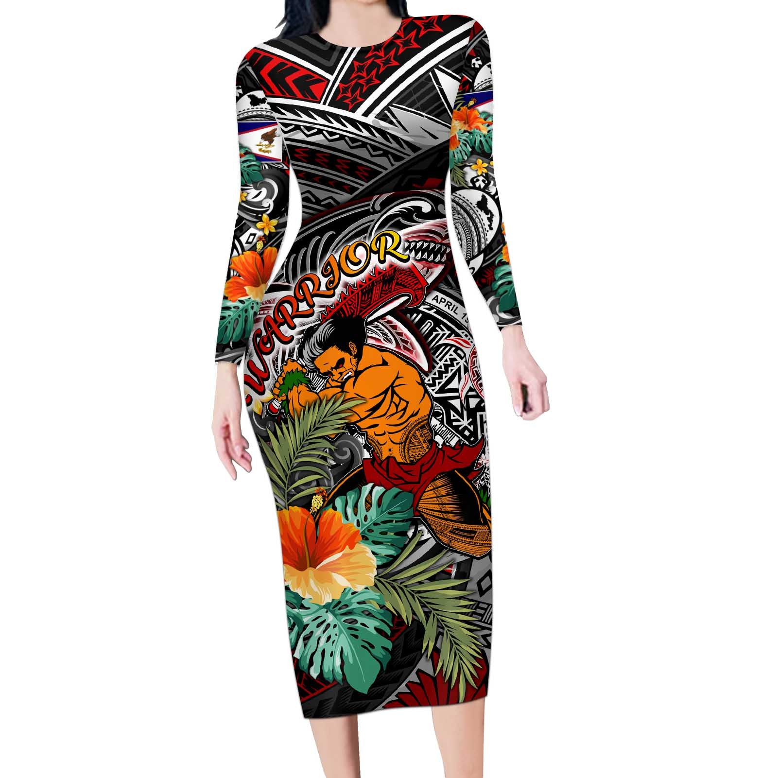 Personalized American Samoa Warrior Long Sleeve Bodycon Dress Shark Turtle Polynesian Tattoo