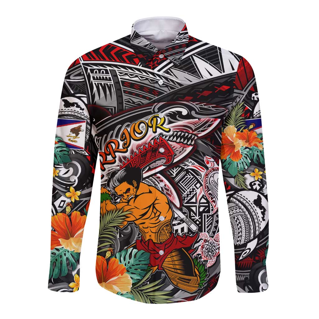 Personalized American Samoa Warrior Long Sleeve Button Shirt Shark Turtle Polynesian Tattoo