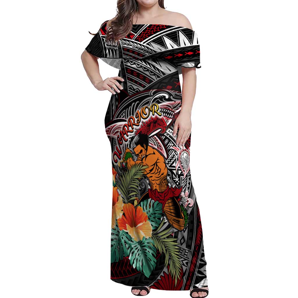 Personalized American Samoa Warrior Off Shoulder Maxi Dress Shark Turtle Polynesian Tattoo