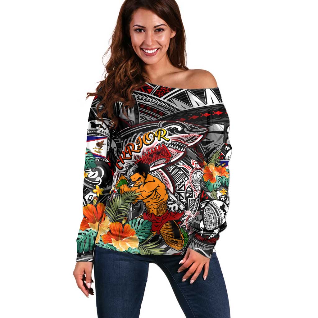 Personalized American Samoa Warrior Off Shoulder Sweater Shark Turtle Polynesian Tattoo