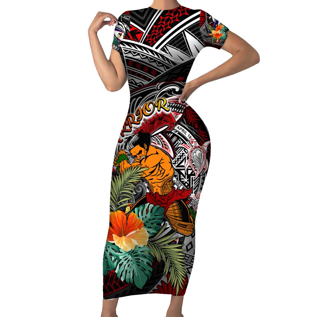 Personalized American Samoa Warrior Short Sleeve Bodycon Dress Shark Turtle Polynesian Tattoo