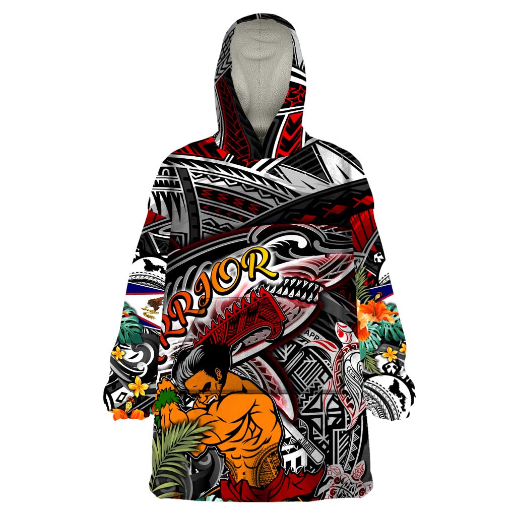 Personalized American Samoa Warrior Wearable Blanket Hoodie Shark Turtle Polynesian Tattoo