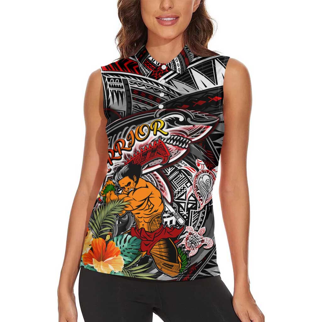 Personalized American Samoa Warrior Women Sleeveless Polo Shirt Shark Turtle Polynesian Tattoo
