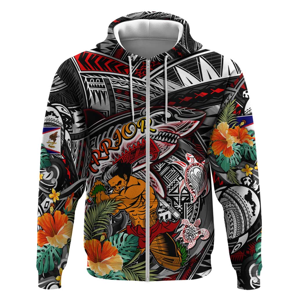 Personalized American Samoa Warrior Zip Hoodie Shark Turtle Polynesian Tattoo