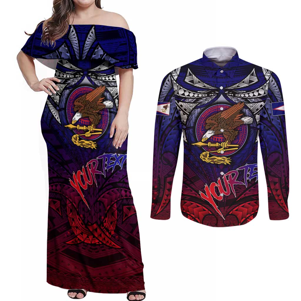 Personalized American Samoa Flag Couples Matching Off Shoulder Maxi Dress and Long Sleeve Button Shirt Eagles Polynesian Art