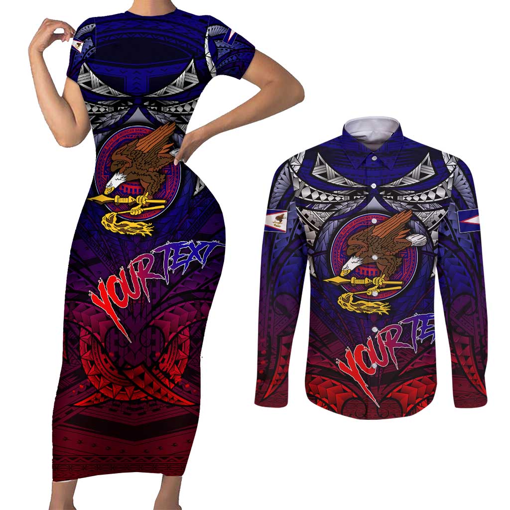 Personalized American Samoa Flag Couples Matching Short Sleeve Bodycon Dress and Long Sleeve Button Shirt Eagles Polynesian Art