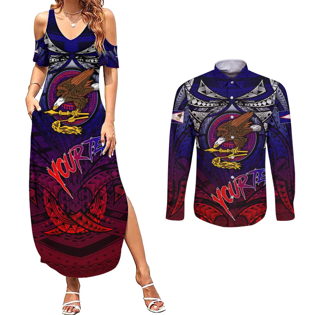 Personalized American Samoa Flag Couples Matching Summer Maxi Dress and Long Sleeve Button Shirt Eagles Polynesian Art