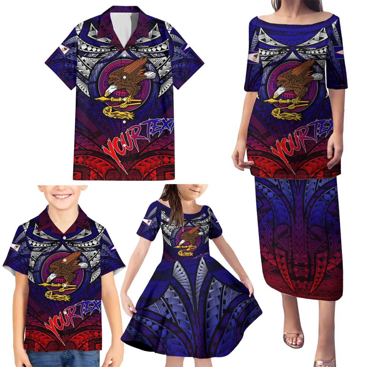 Personalized American Samoa Flag Family Matching Puletasi and Hawaiian Shirt Eagles Polynesian Art