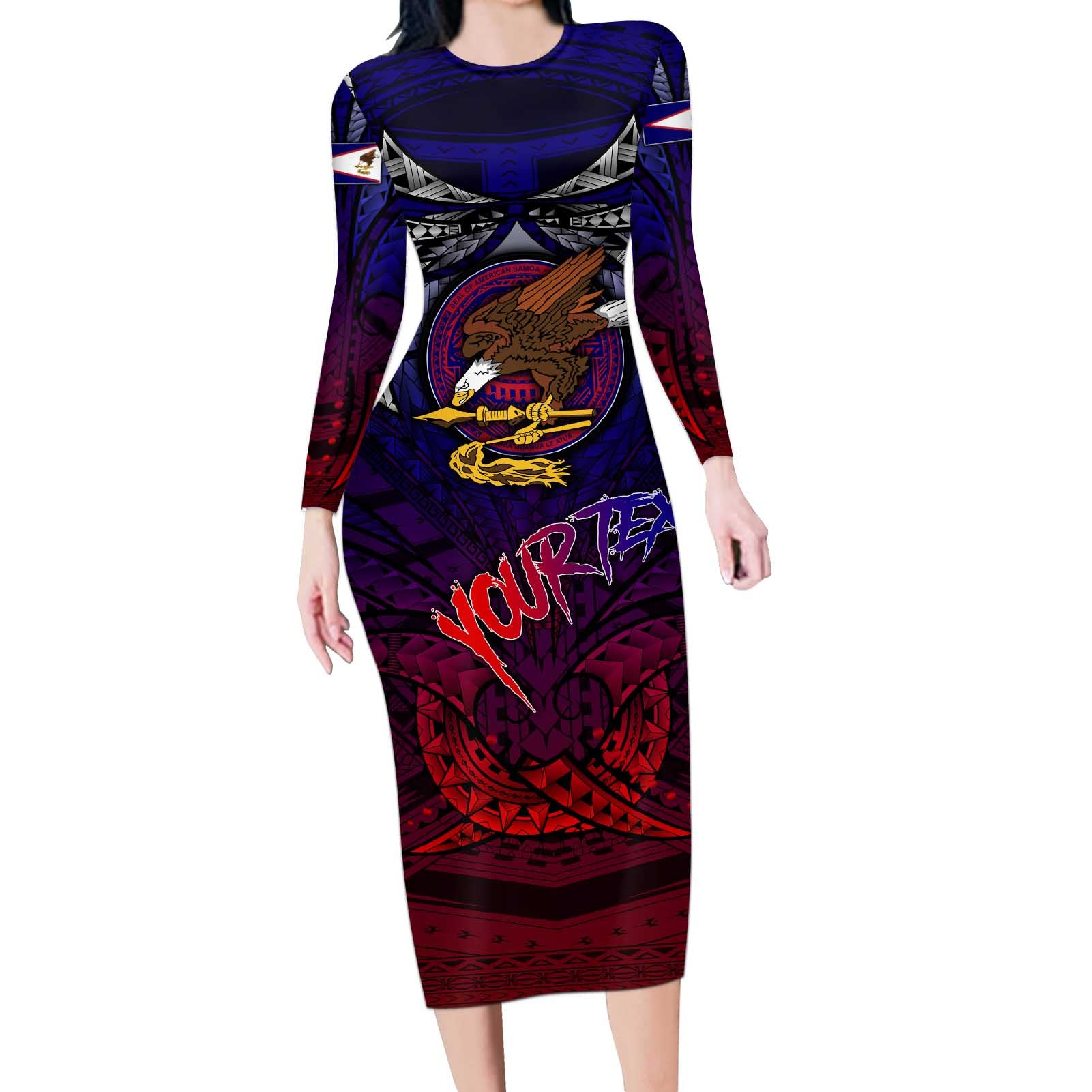 Personalized American Samoa Flag Long Sleeve Bodycon Dress Eagles Polynesian Art