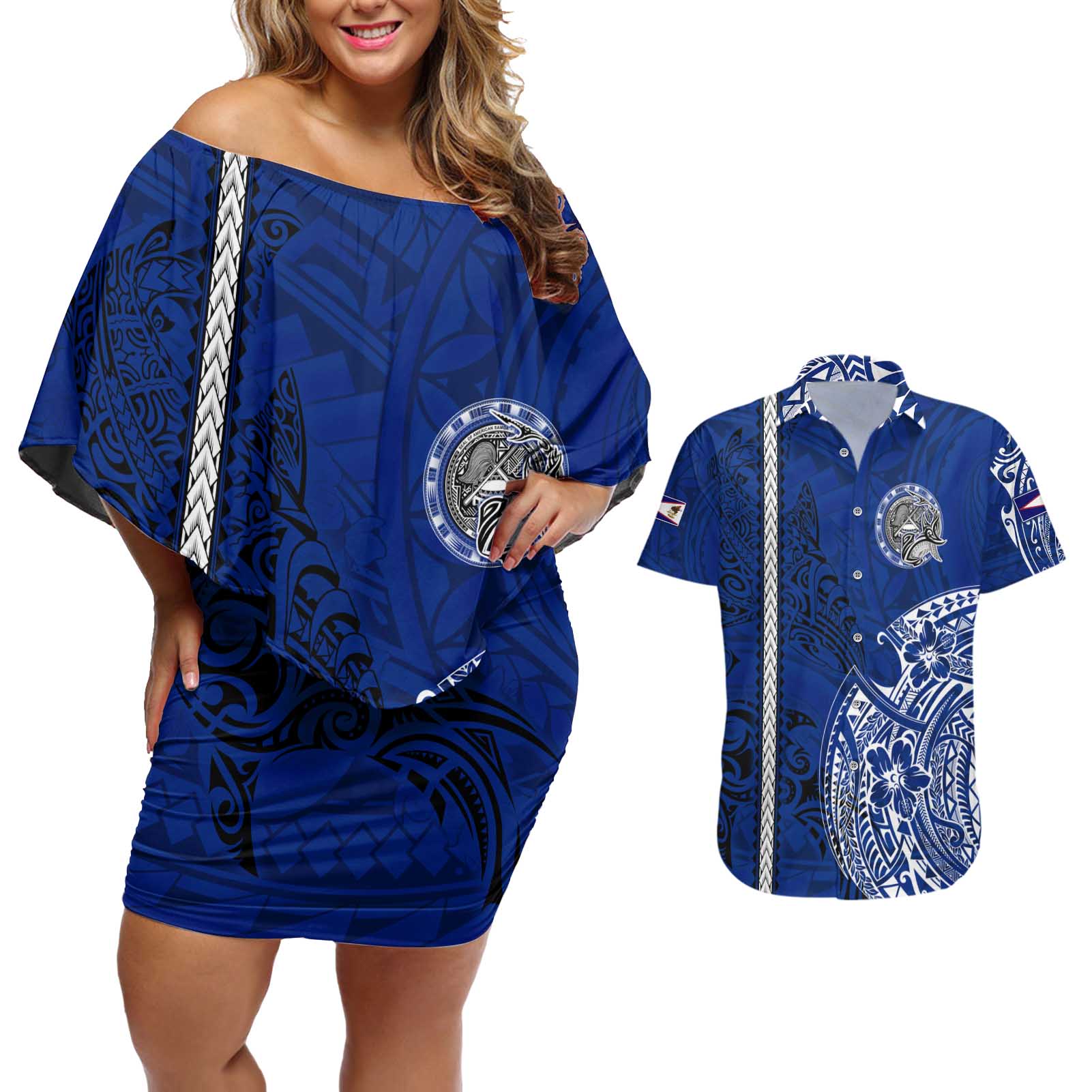 Sharks And American Samoa Couples Matching Off Shoulder Short Dress and Hawaiian Shirt Simple Polynesian Blue