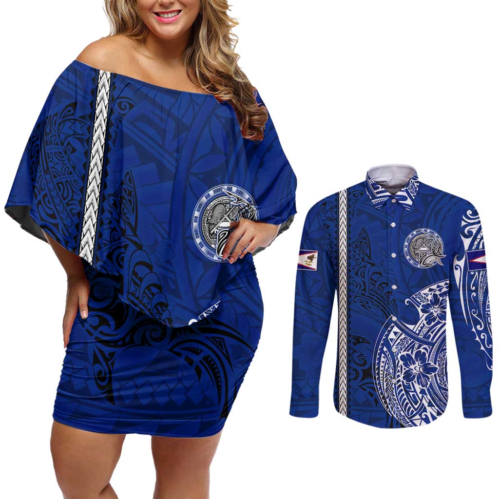 Sharks And American Samoa Couples Matching Off Shoulder Short Dress and Long Sleeve Button Shirt Simple Polynesian Blue